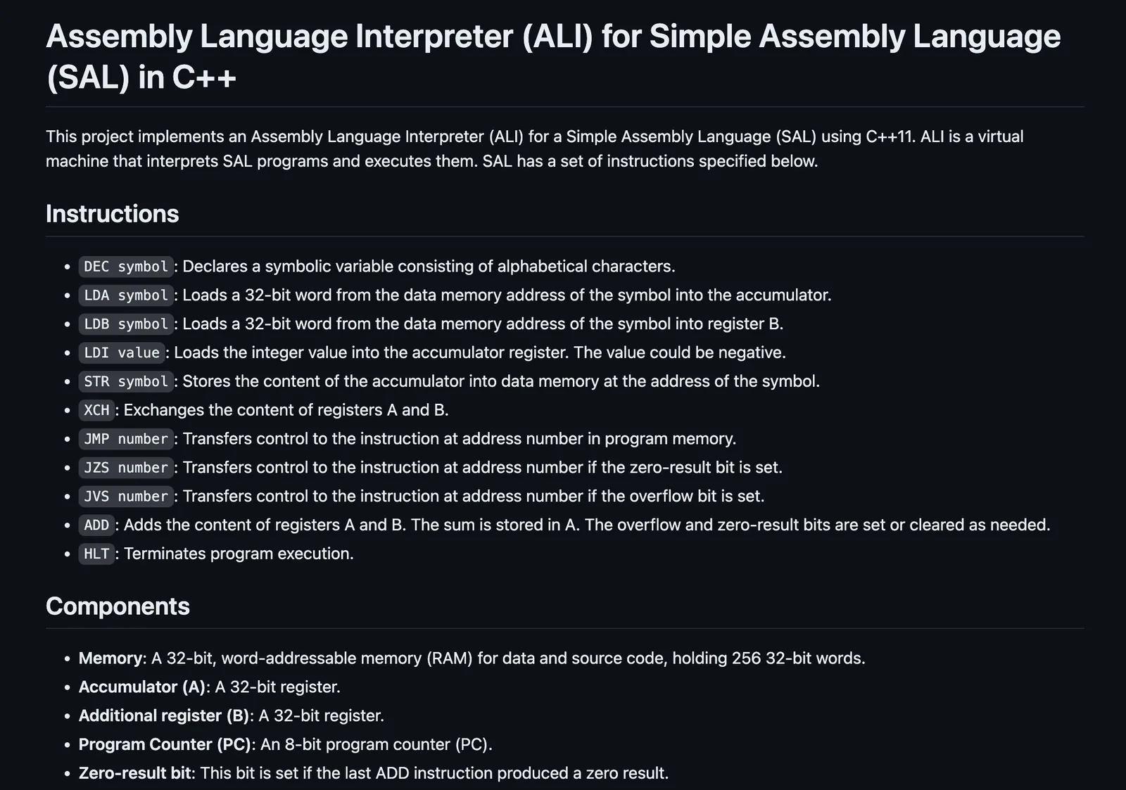 Screenshot of the Assembly Language Interpreter